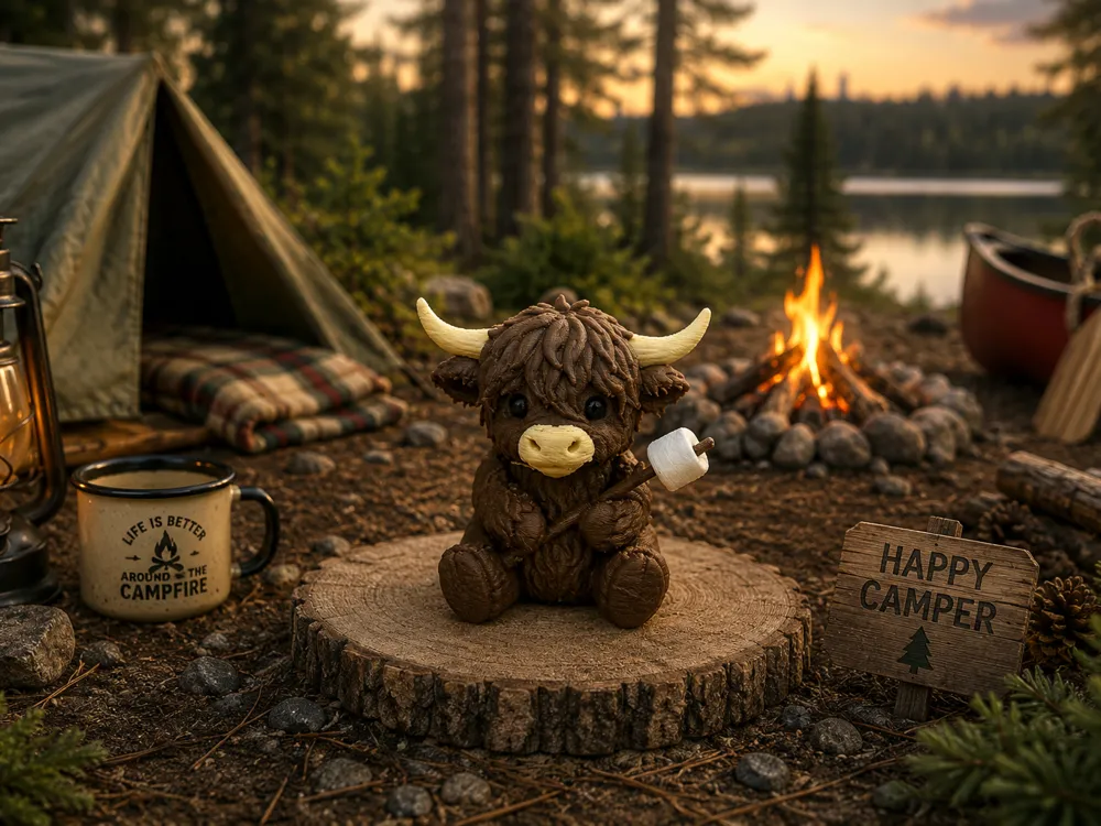 Letrero o emblema decorativo: Highland Cow Campsite Critter. Referencia del modelo original.