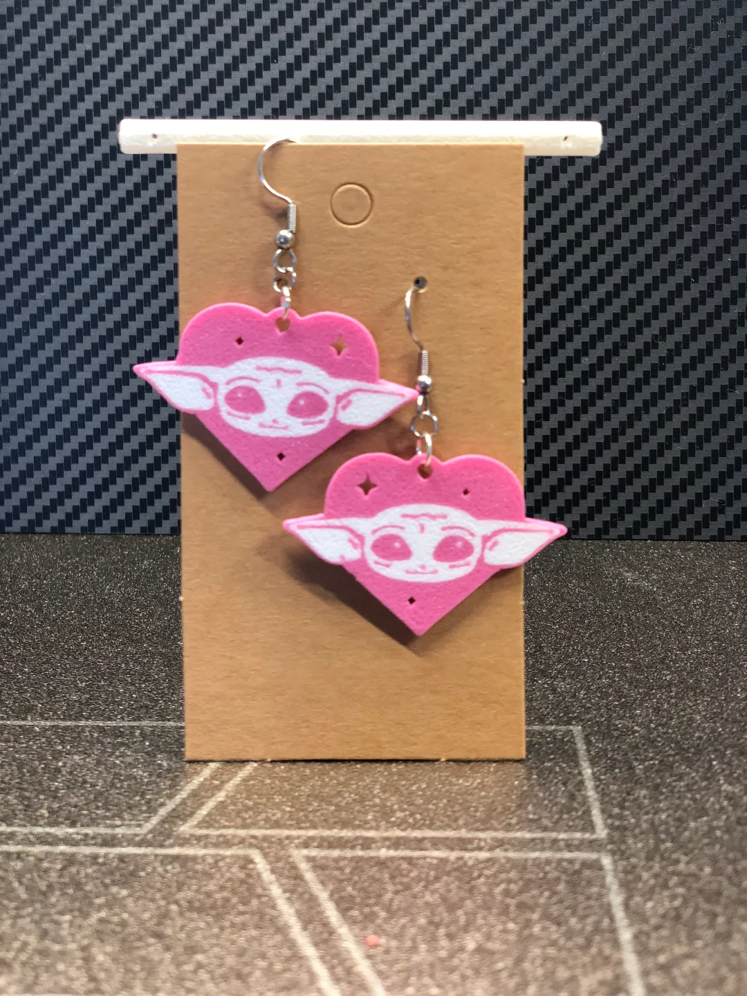 Baby Yoda heart earrings view 2