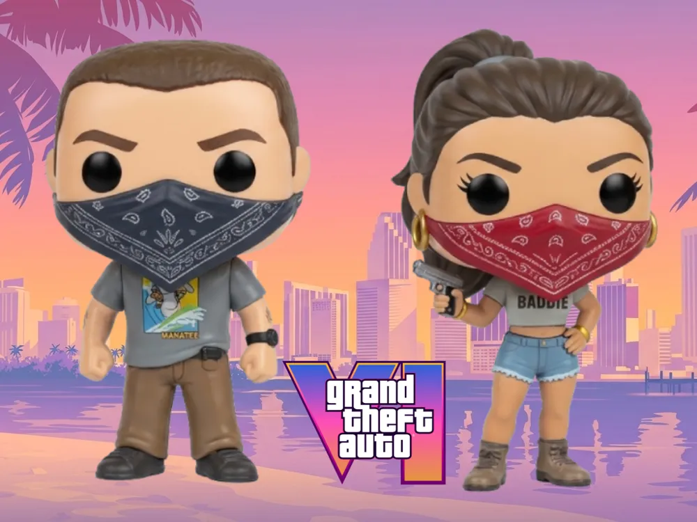Letrero o emblema decorativo: GTA 6 Funko Pop Jason & Lucia. Referencia del modelo original.