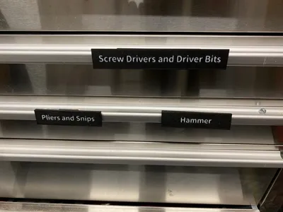 Label clips for tool chest or tool cabinet