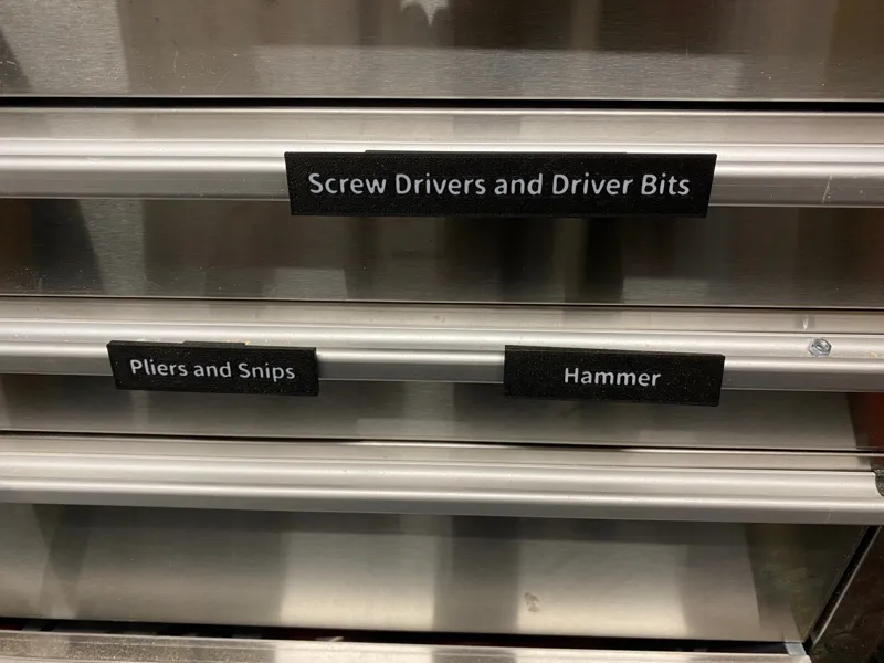 Label clips for tool chest or tool cabinet