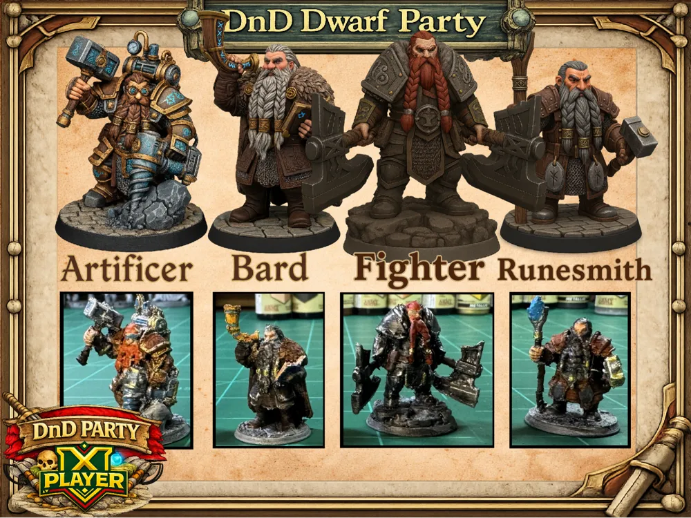 Dnd Pf Example 난쟁이 파티: 예술, 바드, 전투, 룬 DnD PF 미니 - 무료 3D 프린트 모델 - MakerWorld