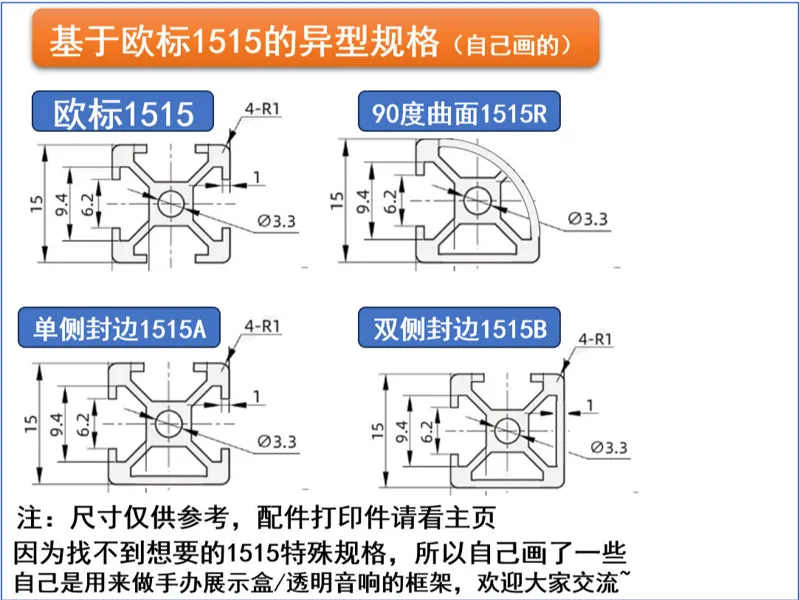 不同形态铝型材1515:包括1515A/B/R 单侧倒角/双侧开口/三侧开口 封边