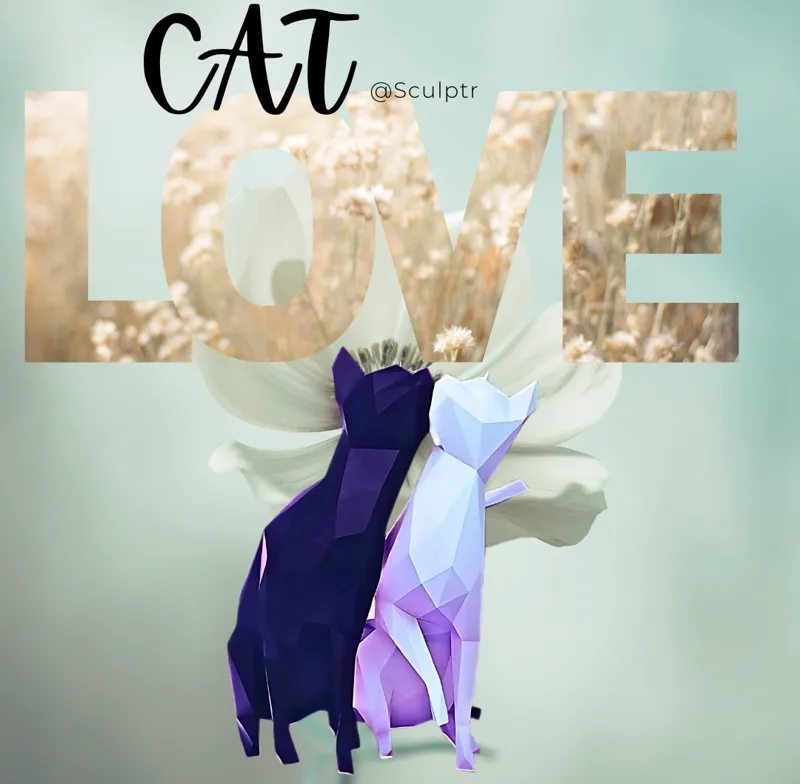Cat Love Geometric Sculpture Low Polly