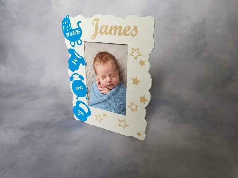 Photo frame with birth details - editable text