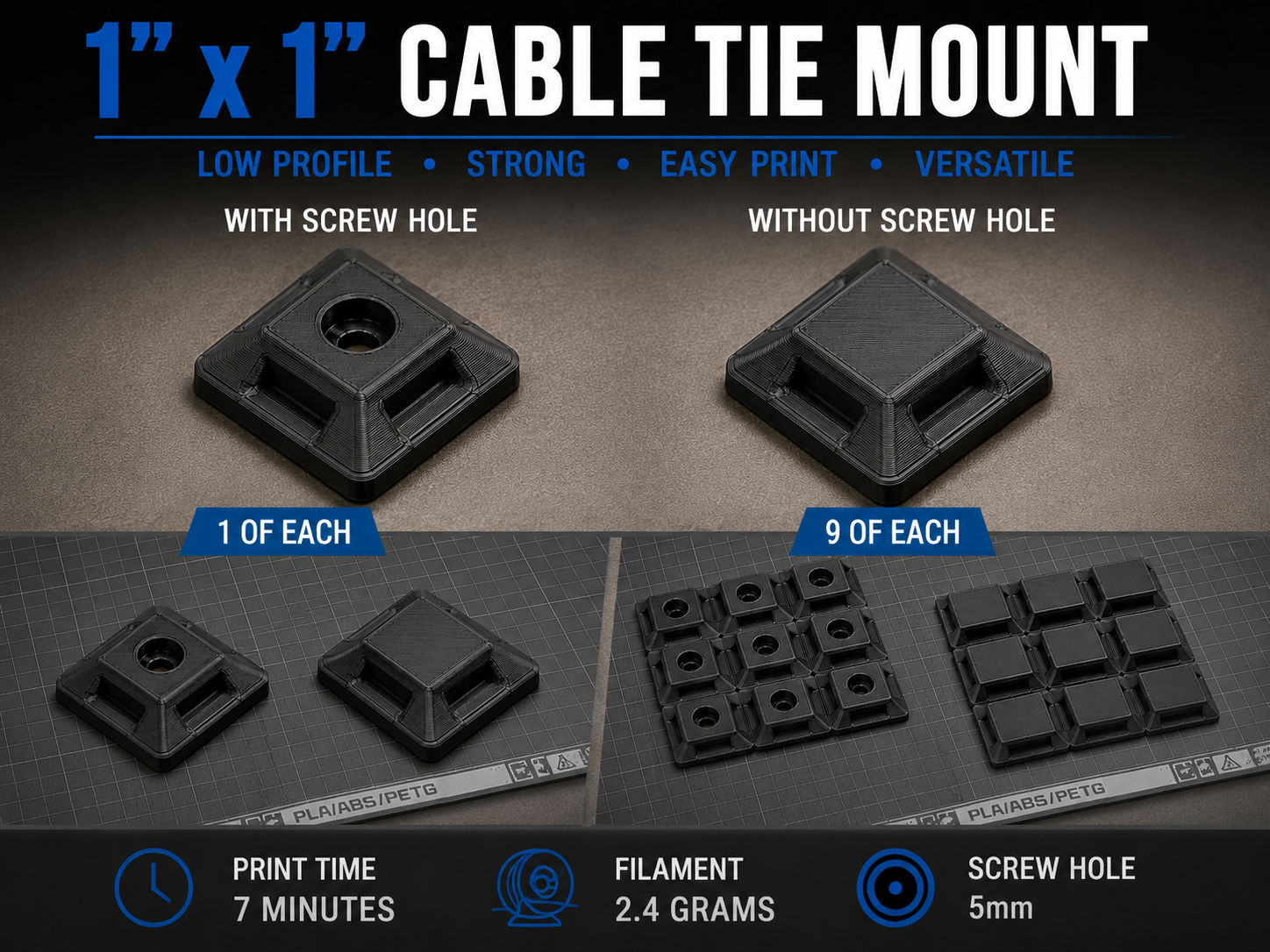 Cable Tie Mount (With & Without 5mm Screw Hole)
