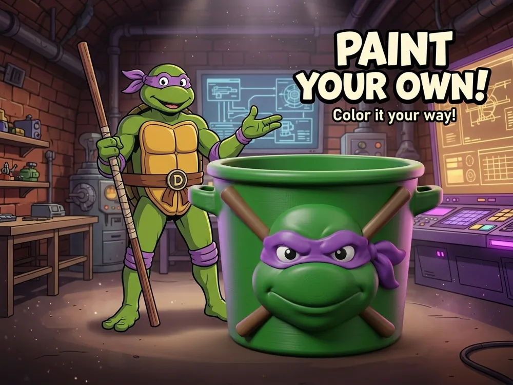 Letrero o emblema decorativo: Donatello – TMNT Paint Your Own Bucket. Referencia del modelo original.