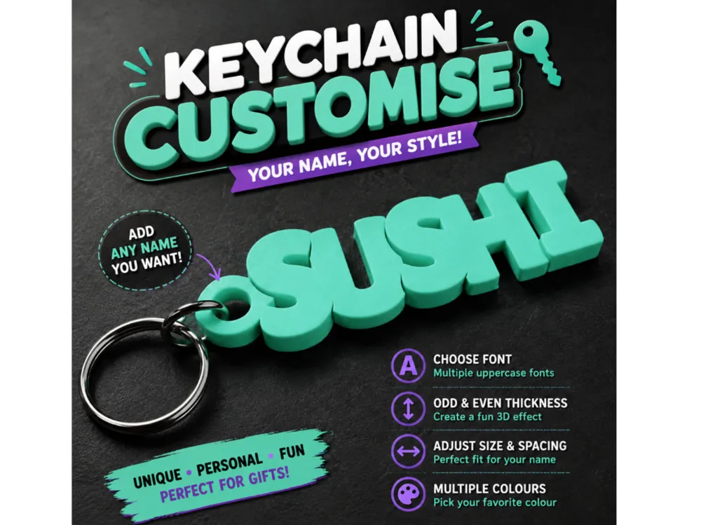 Llavero verde con el nombre SUSHI en letras gruesas y argolla negra.