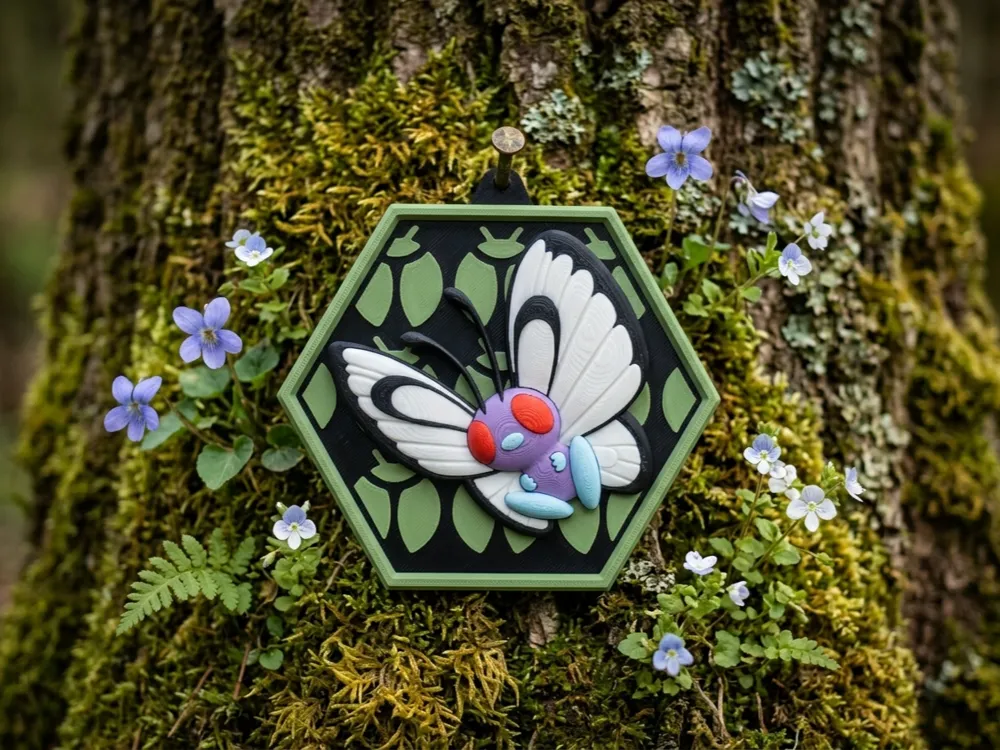 Letrero o emblema decorativo: HexaDex-Butterfree Pokemon. Referencia del modelo original.