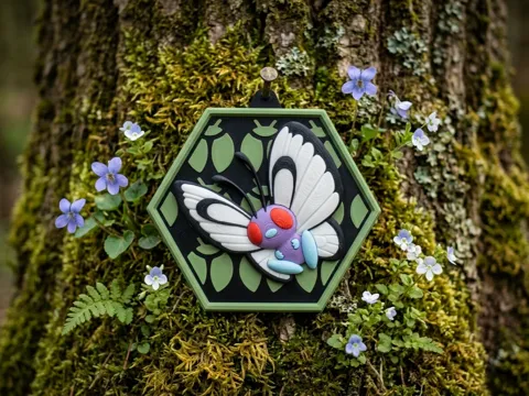 Letrero o emblema decorativo: HexaDex-Butterfree Pokemon — referencia de MakerWorld