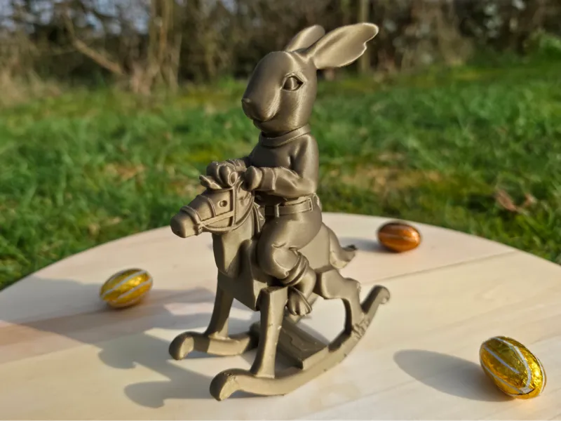 Playful Easter Bunny on Rocking Horse