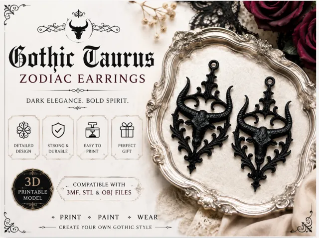 Gothic Taurus Zodiac Earrings | 3D Printable STL