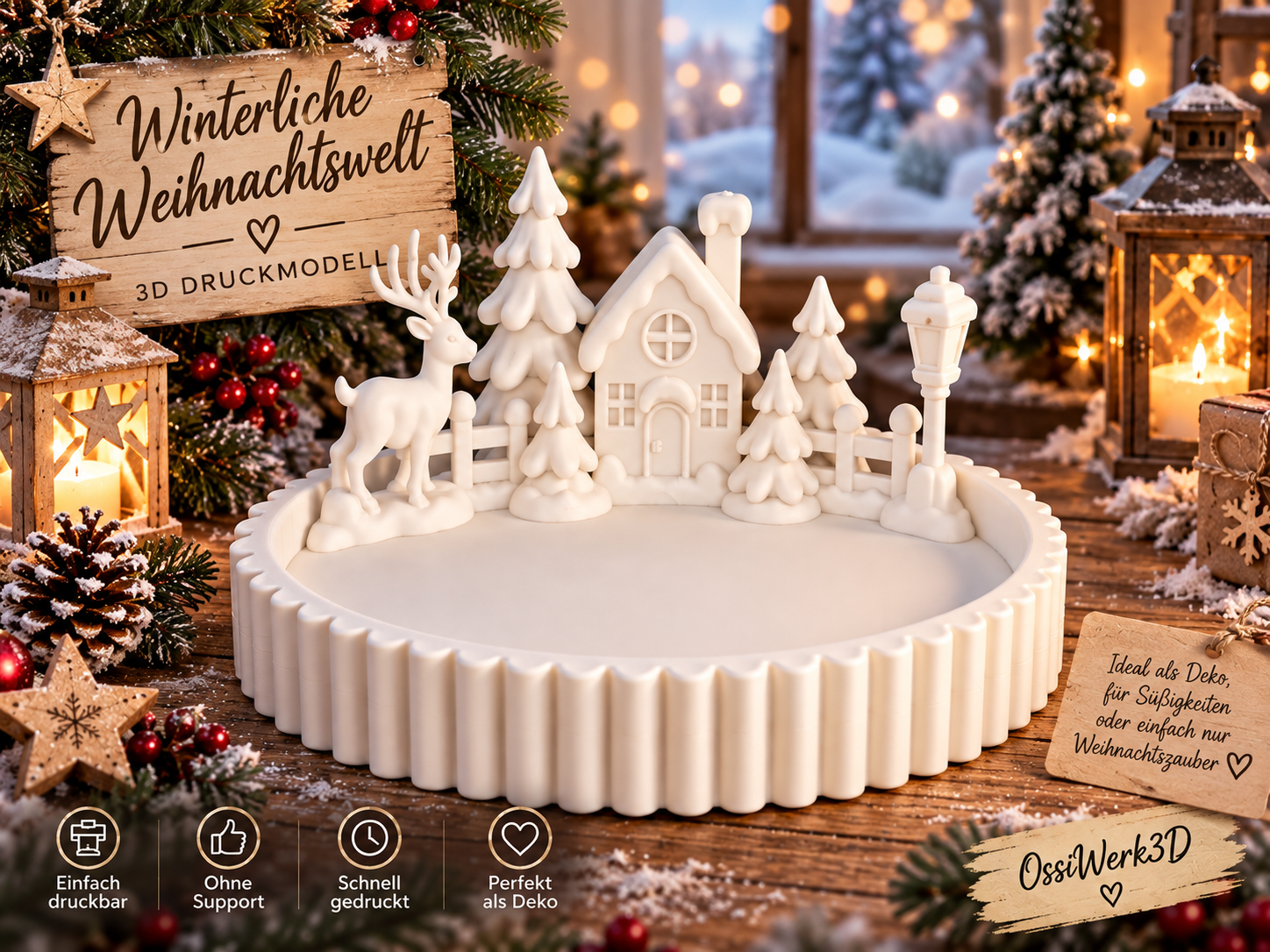 Weihnachtsdorf-Dekoschale mit Rentier - 1