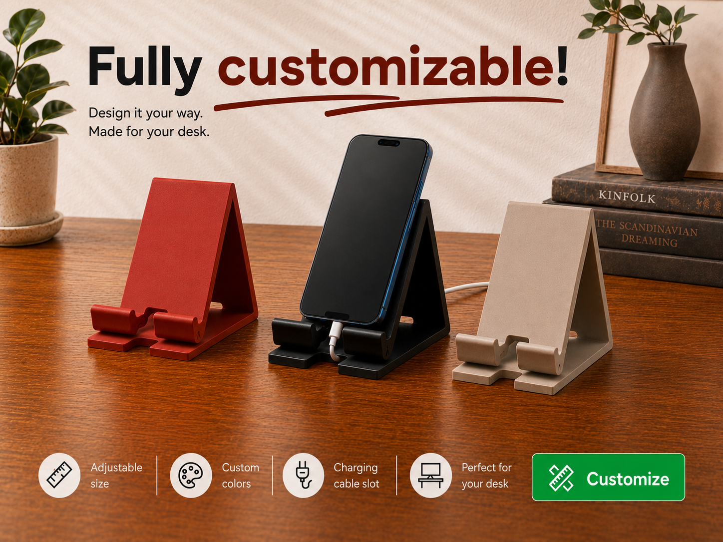 Customizable Phone Stand with Charging Cable Slot