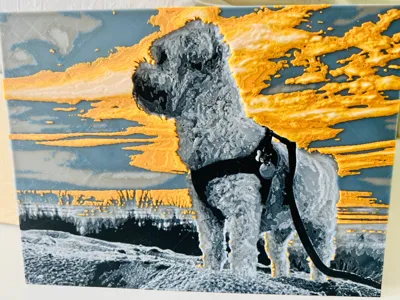 HueForge Maltese dog on the beach