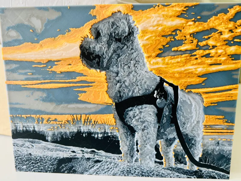 HueForge Maltese dog on the beach