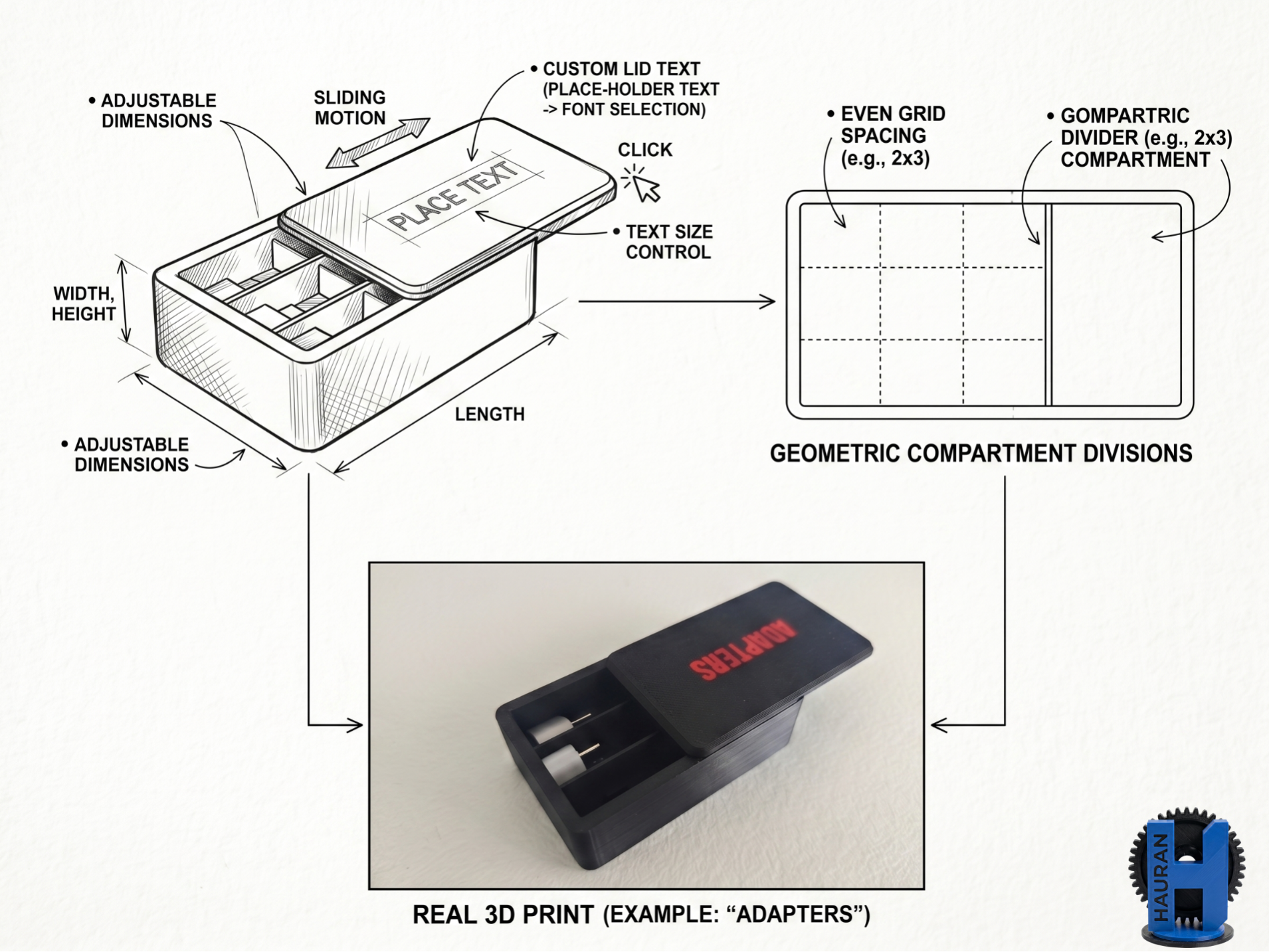 Parametric Sliding Organizer Box with Custom Text
