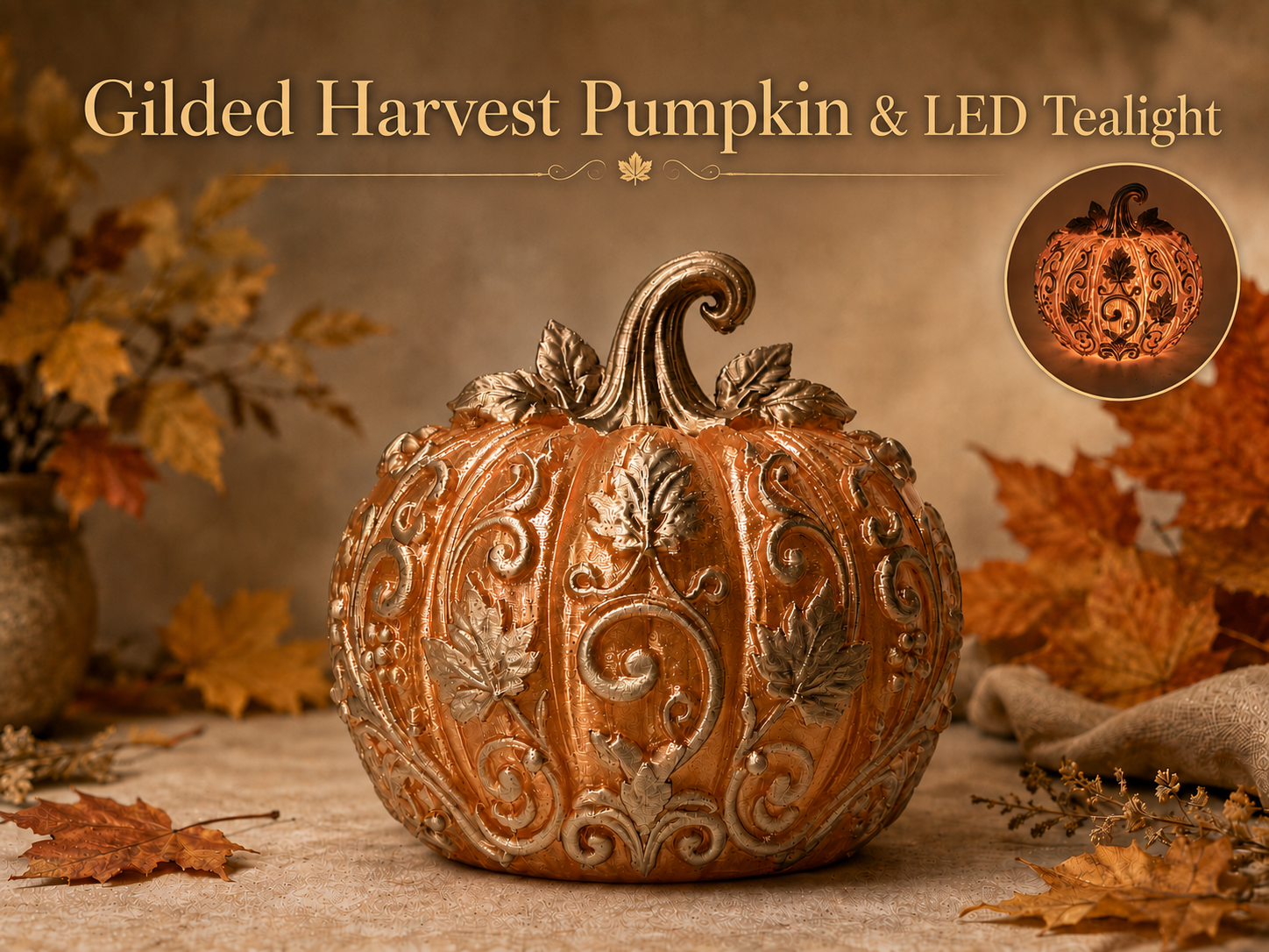 Gilded Harvest Pumpkin Decor & Tealight Holder - 1