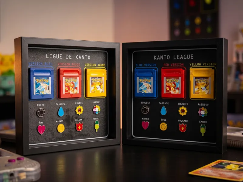 Cadre Vitrine Pokémon GEN 1 : Jeux & Badges 3D