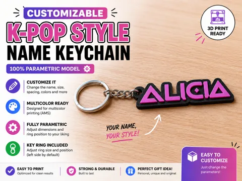 Llavero: Customizable K-Pop Style Name Keychain — referencia de MakerWorld
