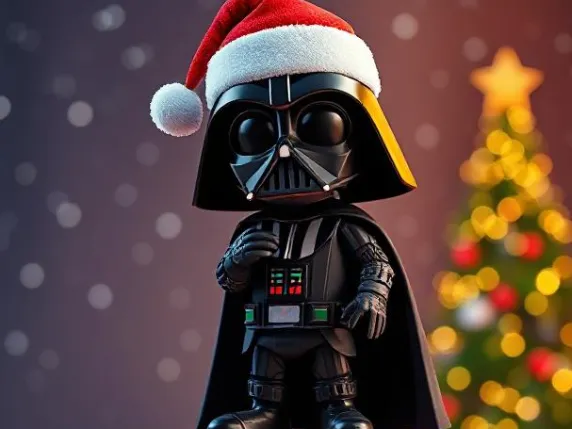 Cartoon Santa Darth Vader on podium