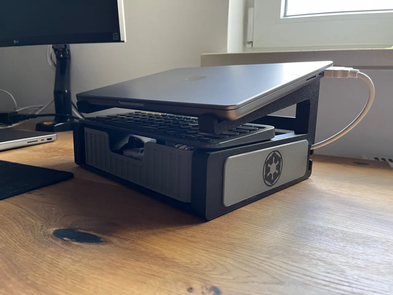 Double laptop stand with a drawer organiser view 3