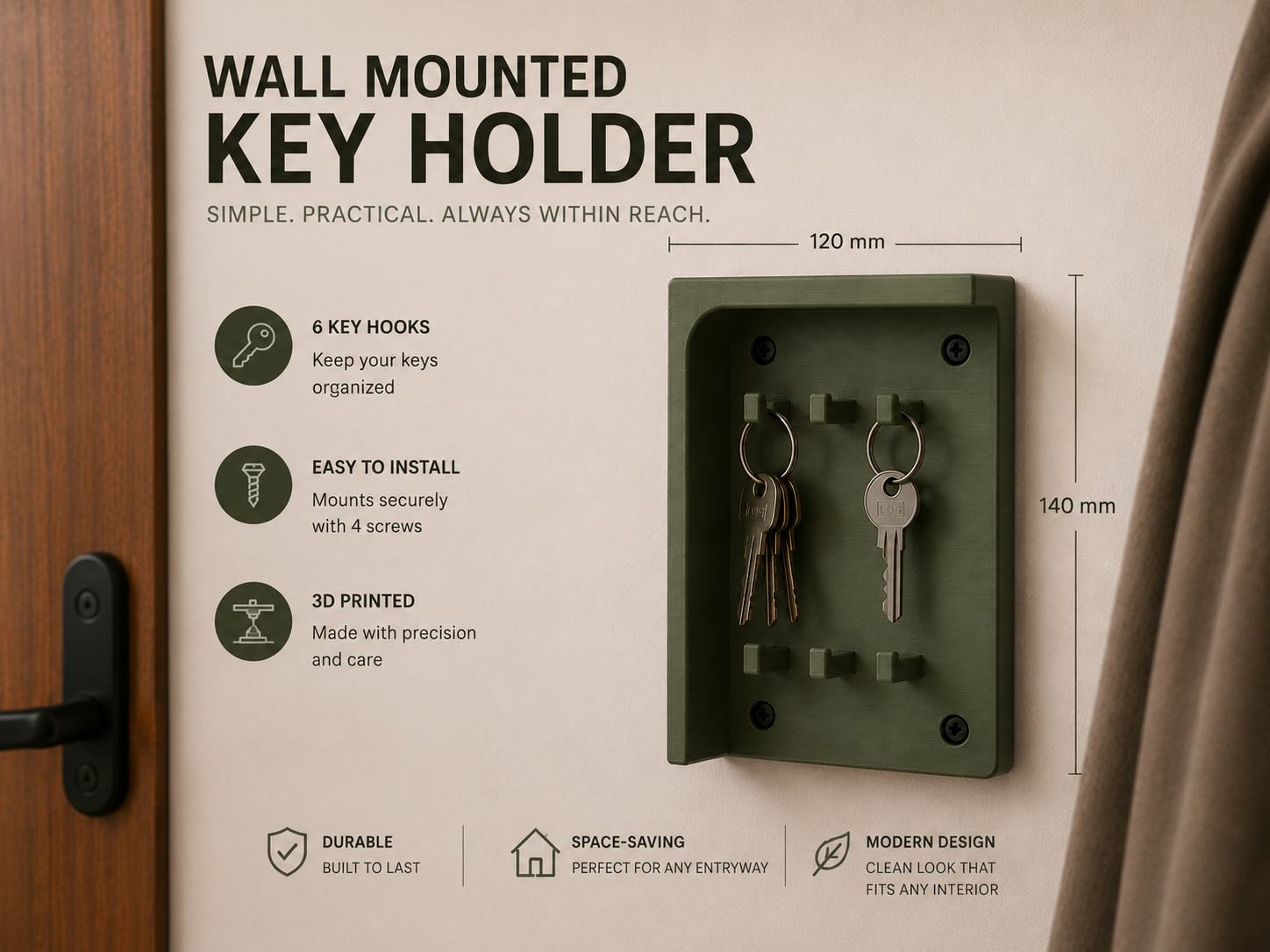Wall Mounted Key Holder | 6 Hooks