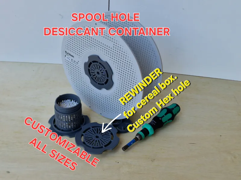 Desiccant container / rewinder for spool in drybox