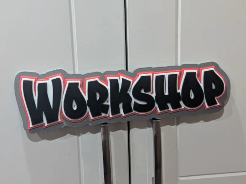 Workshop sign. Graffiti style, stacked 4 colour.