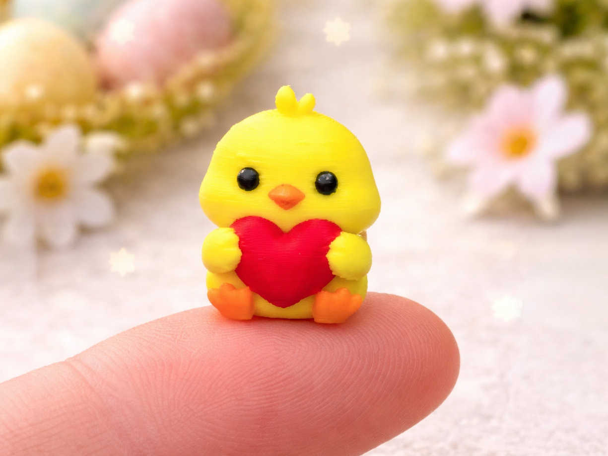 miniature easter chick holding valentine heart