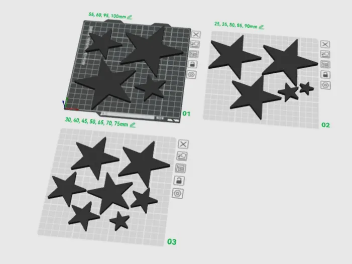 5mm stars ranging in size from 25mm to 100mm