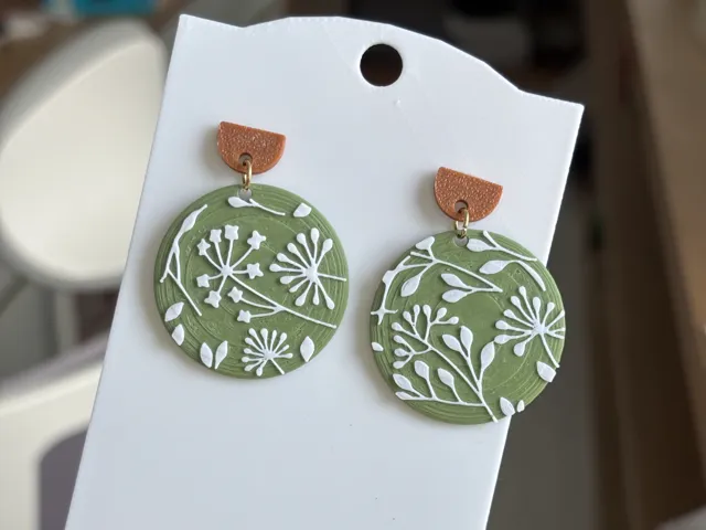 Green Round Earrings with Botanical Motif