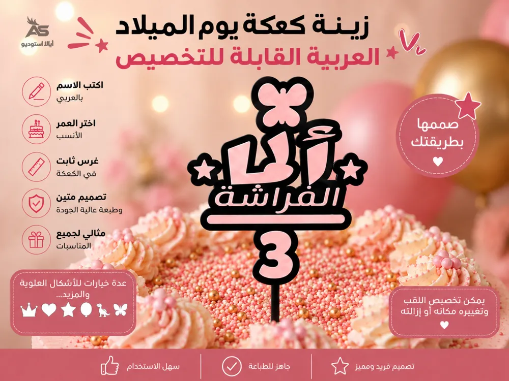 Modelo para impresión 3D: Customizable Arabic Birthday Cake Topper. Referencia del modelo original.