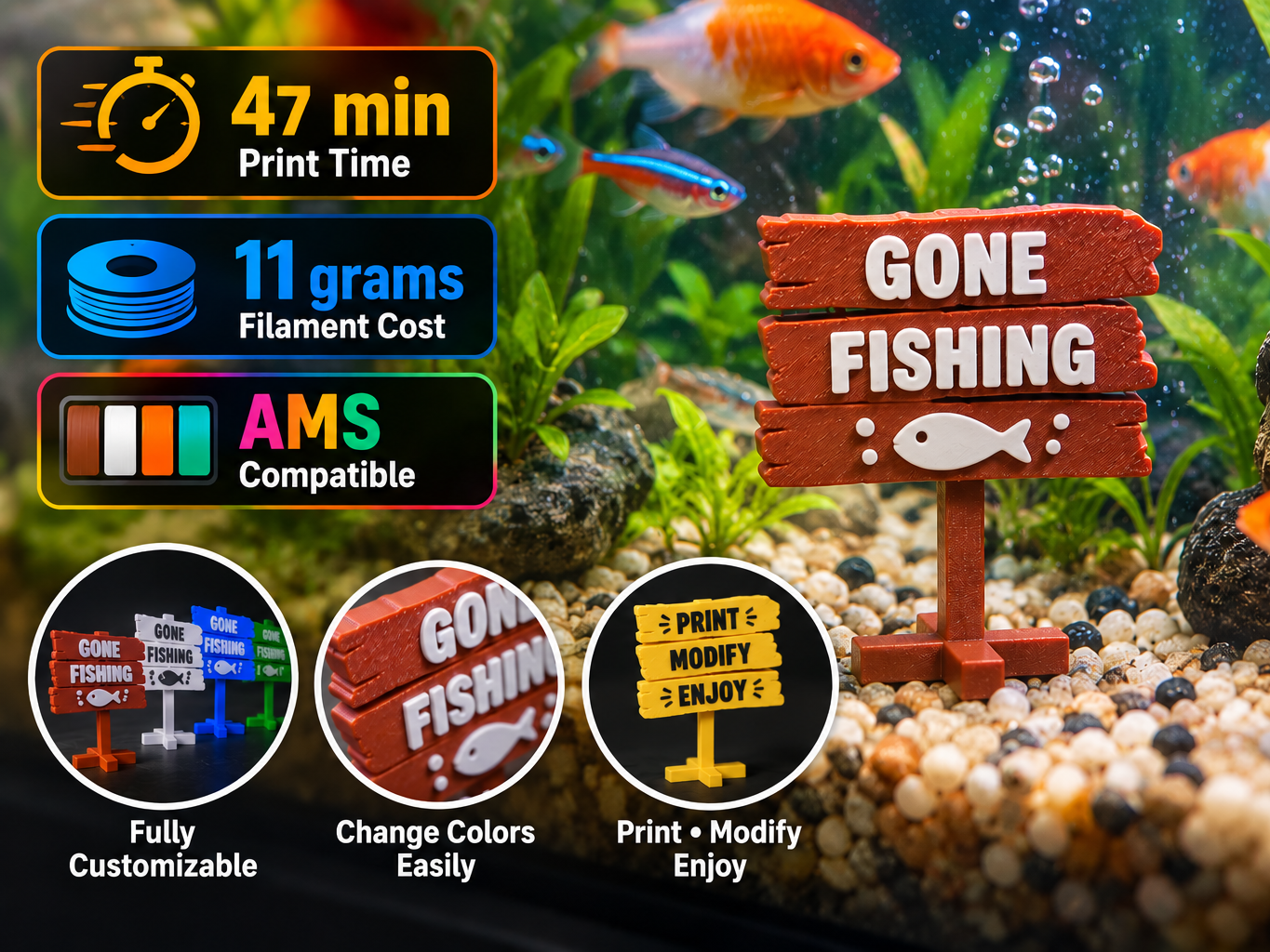 Customizable Aquarium Decor Sign AMS Compatible 3D model