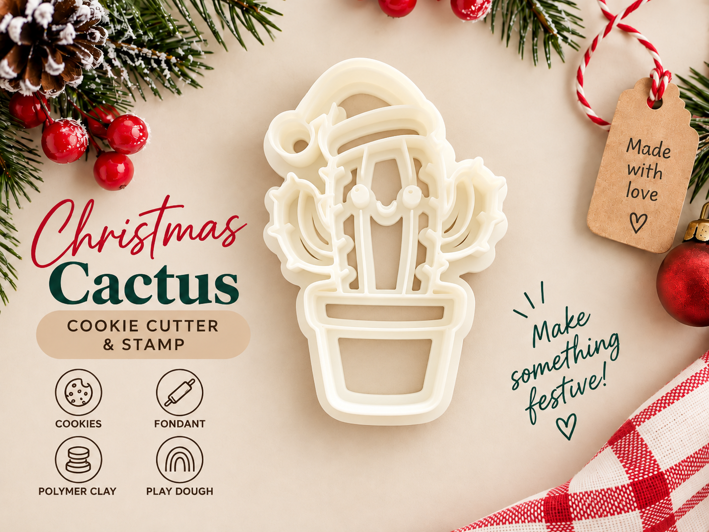 Christmas Cactus Cookie Cutter & Stamp | 75 mm 3D model
