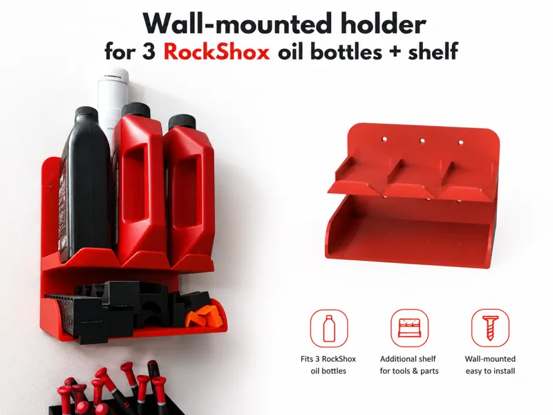 Wall-mounted holder for 3 RockShox oil + shelf