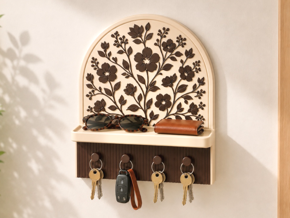 Floral Key Holder With Tray - Wall Mount