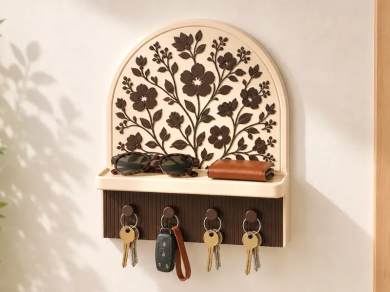 Floral Key Holder With Tray - Wall Mount