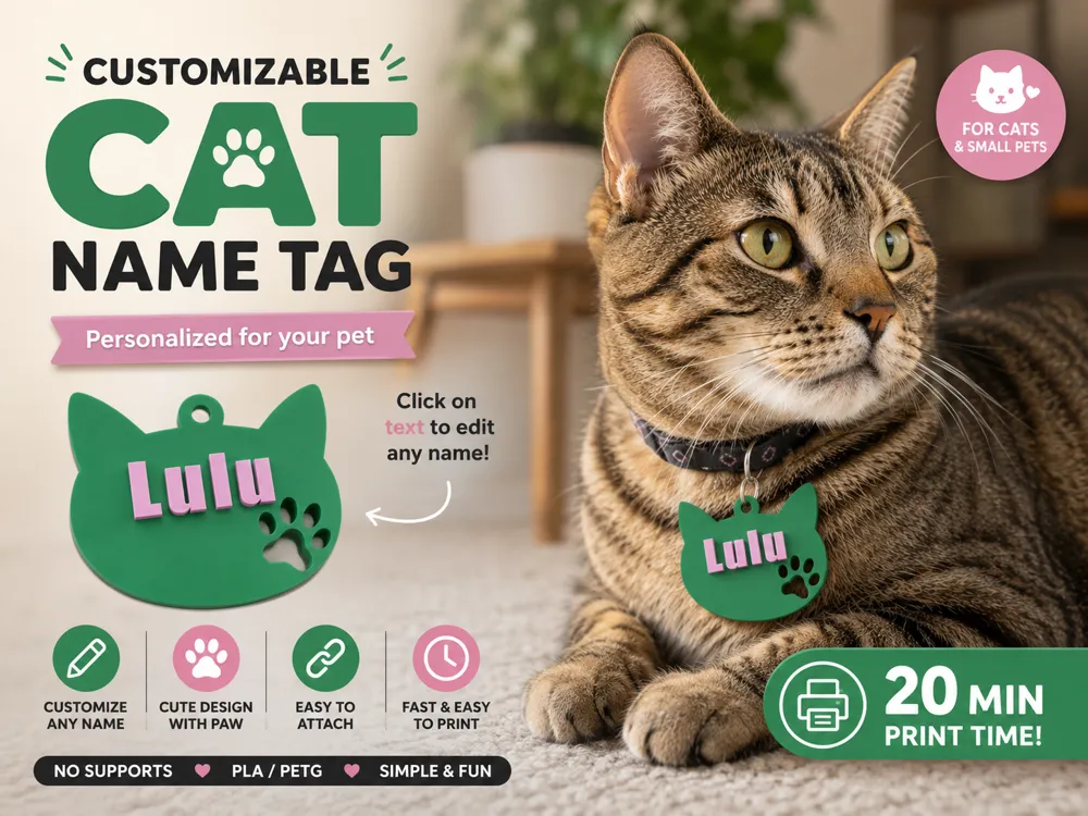 Dije o accesorio de collar: Customizable Cat Name Tag. Referencia del modelo original.