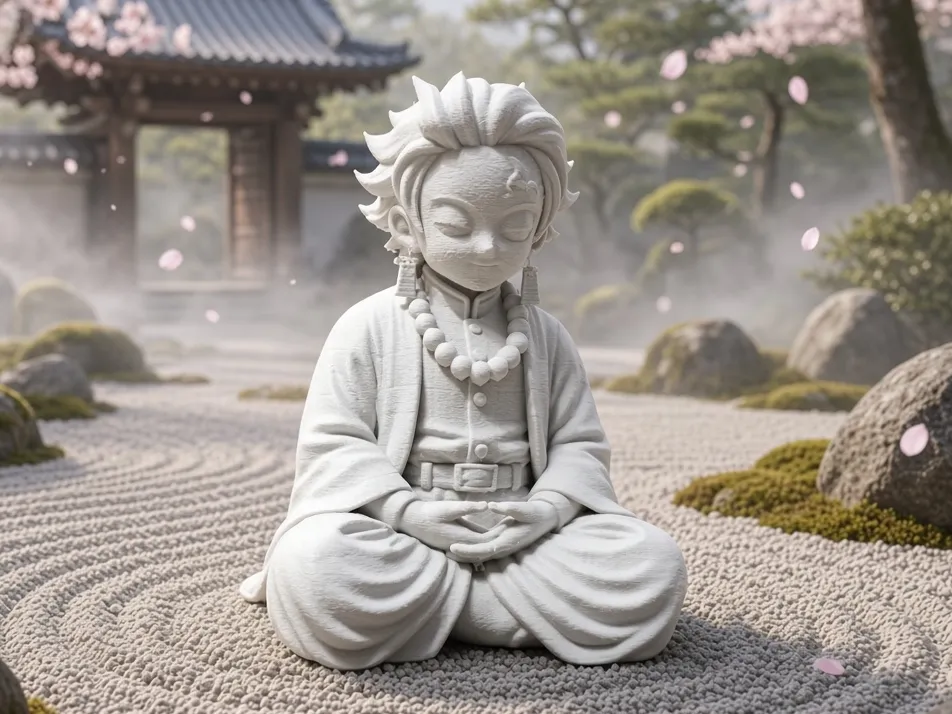 Letrero o emblema decorativo: Tanjiro Kamado Buddha – Meditierende Demon Slayer. Referencia del modelo original.