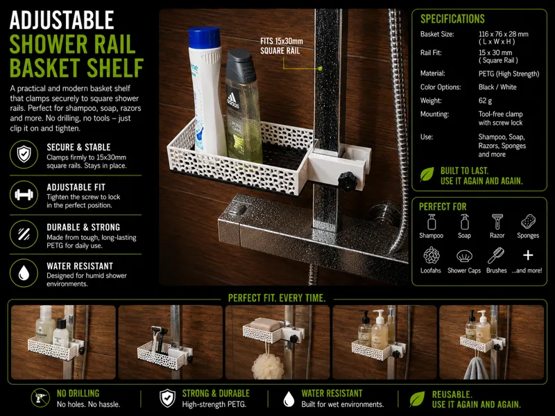 Shower Rail Basket for 15 × 30 mm Rail