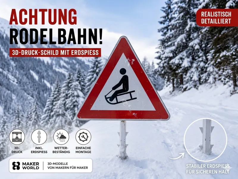 Achtung Rodelbahn –Warnschild mit Erdspieß