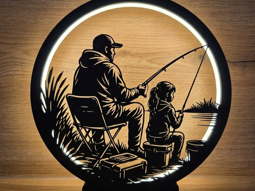 Ringlichtlampe Angler mit Tochter am See