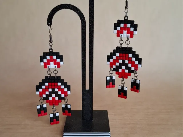 Red Crescent Pixel Earrings | Folk Drop Design