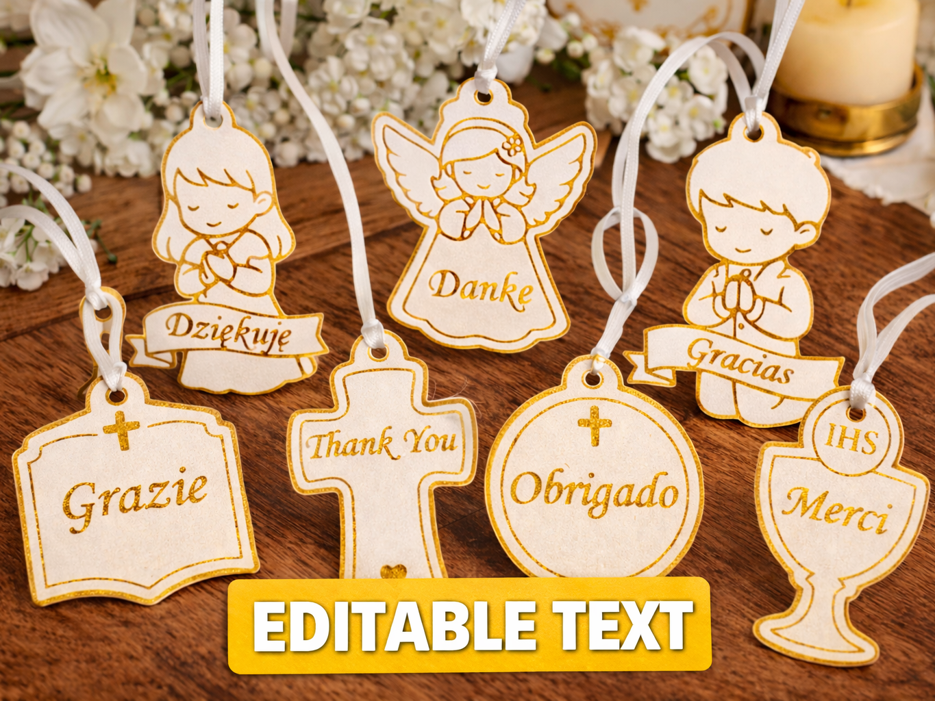Editable First Communion Ornaments- Thank You Tags