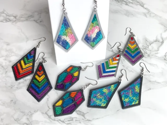 Embroidered Earrings with 3D Print + Tulle Frames