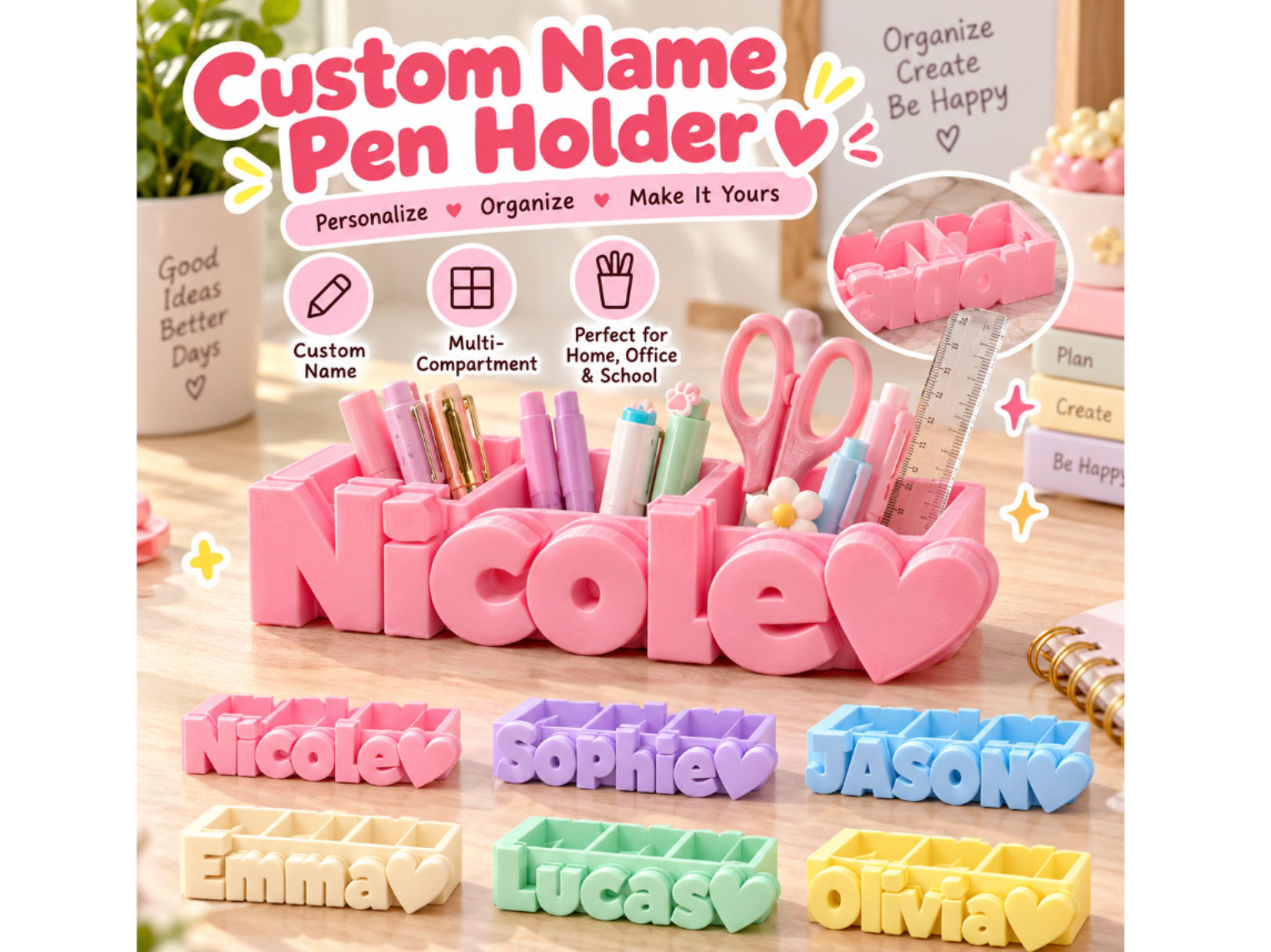 Custom Name Pen Holder Desk Organizer with Heart - 1