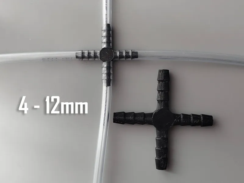 4-way Barbed Tube Connector - Metric - 4-12mm