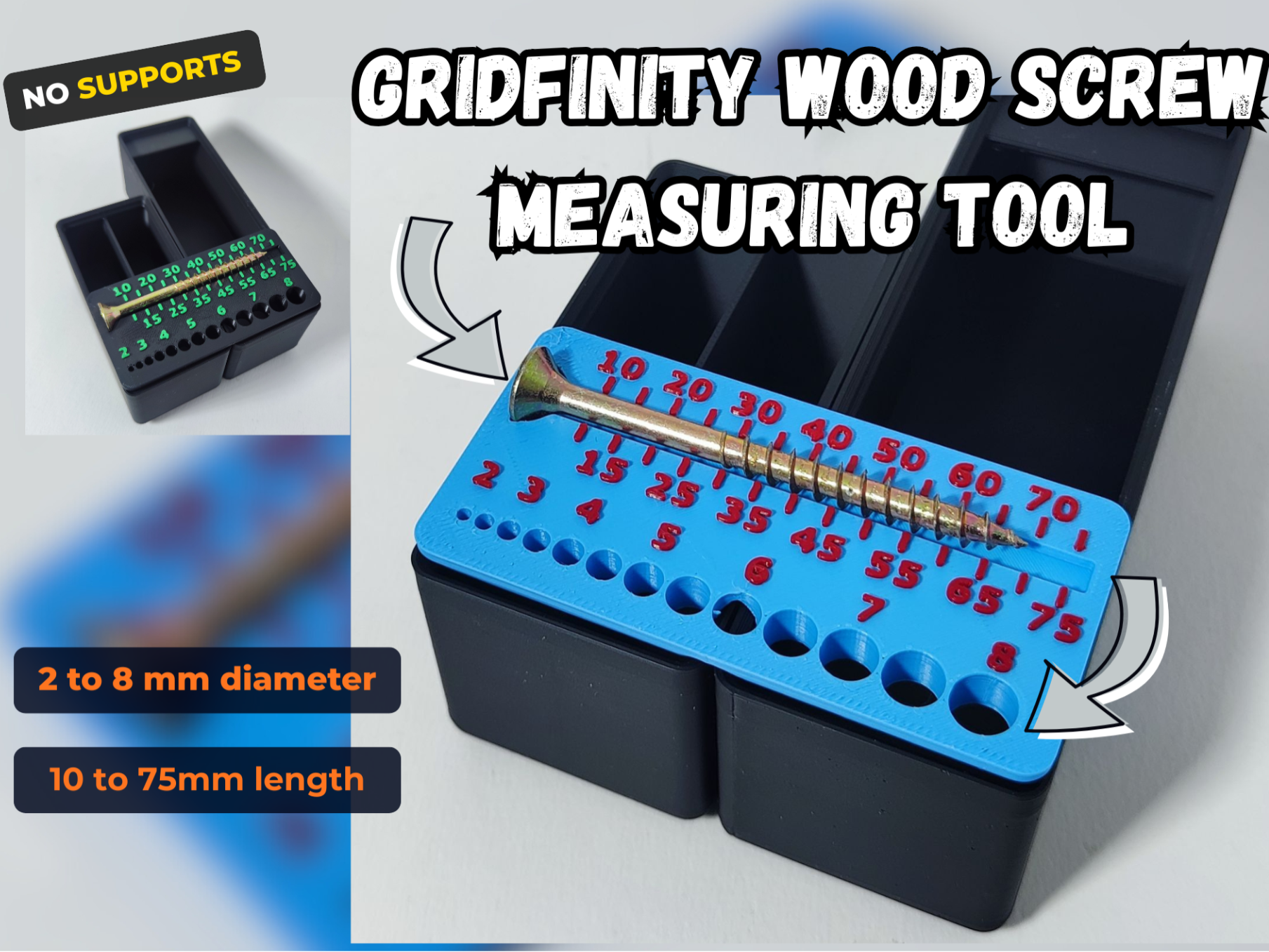 Gridfinity Wood Screw Measuring Tool (Metric)