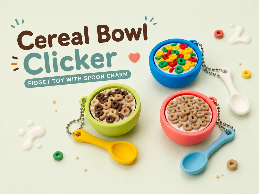 Objeto manipulable: Cereal Bowl Clicker Fidget Toy with Spoon Charm. Referencia del modelo original.
